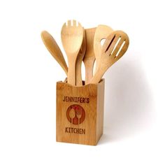 wooden utensils and spoons in a holder