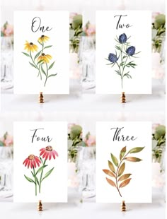 four different cards with flowers on them and the words one, two, three, five