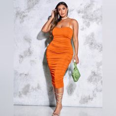 Orange Ruched Summer Dress Shein Never Worn Size: 1x/14 Very Lightweight For Hot Weather Or Vacations Sleeveless Orange One-piece For Vacation, Summer Orange Ruched Dress, Orange A-line Midi Dress For Vacation, Stretch Orange One-piece For The Beach, Orange Ruched Knee-length Midi Dress, Shein Dress, Hot Weather, Colorful Dresses, Midi Dress