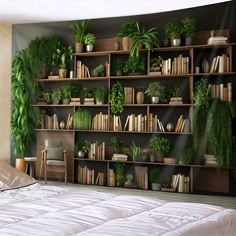 a bedroom with bookshelves filled with plants