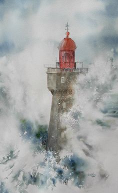 a painting of a lighthouse surrounded by waves