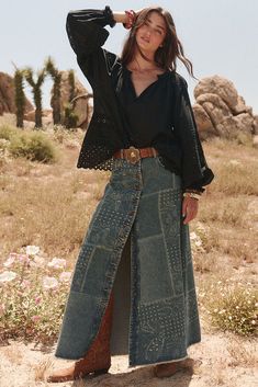 $239.00 Jean Genie, A Line Denim Skirt, Skirts Vintage, Jeweled Shoes, Bandana Design, Black Denim Skirt, The Way I Feel, Denim Maxi, Denim Maxi Skirt