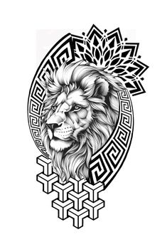 a black and white drawing of a lion's head with an ornamental design in the background