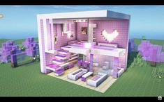 a purple and white house is shown in the minecraft video game, with lots of furniture