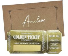 two tickets are sitting next to each other in front of a brown envelope with gold foil