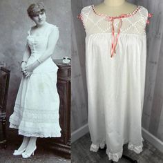 1900s Edwardian/victorian Nightgown Chemise Antique White Batiste Cotton Size M/L Vintage Pink Silk Ribbon WOUNDED - Etsy Vintage Lace Nightgown, Vintage Nightgown For Wedding Night, Vintage Victorian Dress With Empire Waist For Daywear, Vintage Wedding Nightgown, 1830s Nightgown, 1910 Nightgown, 1910s Chemise, White Victorian Nightgown, Edwardian Lingerie Dress