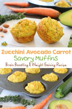 zucchini avocado carrot savory muffins with broccoli and carrots in the background