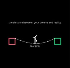 the distance between your dreams and reality is action on black background with green rectangles