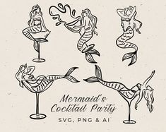 mermaids and cocktail glasses with the words mermaid's cocktail party