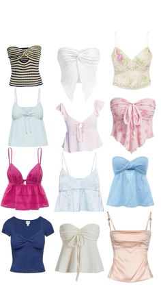 six different types of bras with bows on the front and back, all in various colors