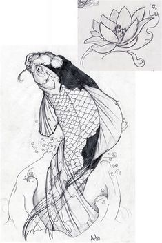 a drawing of a woman with a fish in her hand and an image of a flower