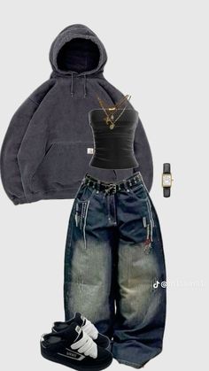 #outfits #y2k #aesteticoutfits #clothesforwomen #viralpost Outfit Ideas Baggy, Baggy Jeans Outfits, Clothes Coquette, Looks Hip Hop, Outfits Stylish