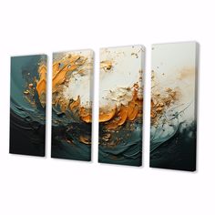 an abstract painting with gold and green colors on the canvas, set of three panels