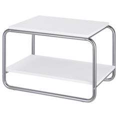 a white table with metal legs and a shelf on the bottom that has two shelves underneath it