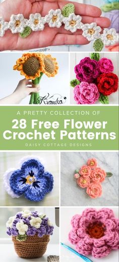 crochet flower patterns with text overlay that says 28 free flower crochet patterns