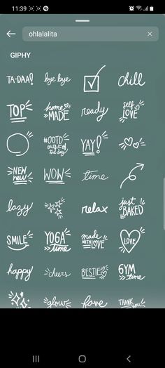 an iphone screen with various handwritten words on it, including the word love and yoga