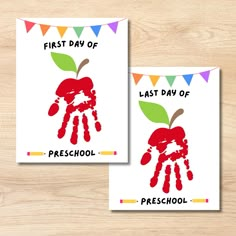 two cards with the words first day of school and an apple painted on one hand