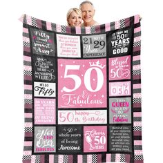 a pink and black 50th birthday blanket