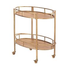 a gold metal and wood serving cart with wheels on the bottom, holding two trays