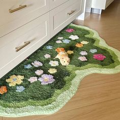 a dog is laying on the rug in the kitchen