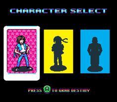 the character selection screen in an old - school computer game, which features silhouettes of people