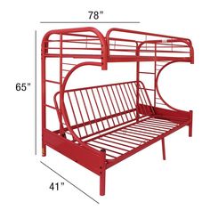 a red metal bunk bed frame