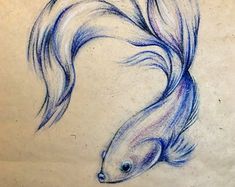 a drawing of a fish with blue hair