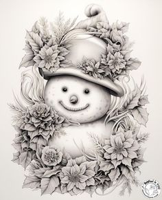 a drawing of a snowman wearing a hat and surrounded by flowers, on a white background