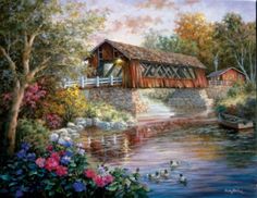 a painting of a covered bridge over a river with ducks and flowers in the foreground