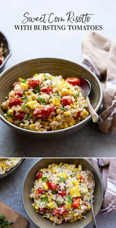 two pictures show different types of food in the same bowl, one with tomatoes and corn