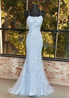 Prom Gowns With Sleeves, Pastel Blue Prom Dress, Prom Mermaid Dresses, Prom Gown With Sleeves, Spring Formal Dress, Starlight Dress, Senior Prom Ideas, Prom Fits, Spring Formal Dresses