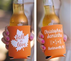 two pictures of people holding up beer bottles with the names of their wedding guests on them