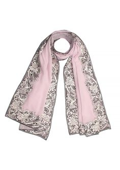 This luxurious baby pink cashmere scarf features a stunning inner border of a floral-bird embroidery in a contrasting beige color. Elevate your style by wrapping yourself with elegance, style, and warmth in this captivating scarf finished with a tiny contrasting black-colored lace edging. A perfect accessory for all occasions. Formal Shawl With Intricate Embroidery, Elegant Pashmina Shawl For Eid, Elegant Eid Pashmina Shawl, Elegant Embroidered Shawl For Eid, Elegant Pink Dupatta With Intricate Embroidery, Formal Pink Embroidered Dupatta, Elegant Festive Scarves With Embroidered Border, Elegant Pashmina Shawl With Intricate Embroidery, Elegant Embroidered Pashmina Shawl