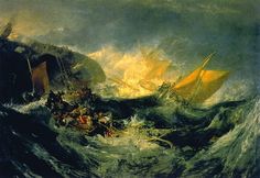 a painting of a boat in rough seas with people on the front and side of it