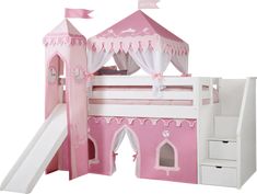 a pink and white princess castle bed with curtains on the top, stairs leading up to it