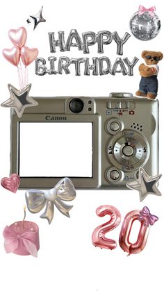 a digital camera with balloons and stars around it