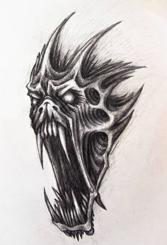 a black and white drawing of a demon face