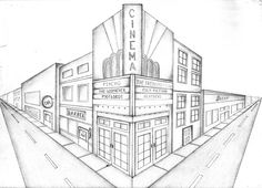 a drawing of a building with the word cinema on it's front and side