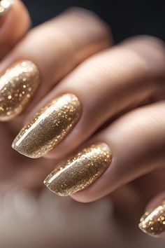 Elevate your manicure with gold sparkle tips nail ideas featuring chic and glamorous designs. Perfect for any occasion, these nail styles blend subtle elegance with a touch of shimmer, creating a luxurious look Sparkle Gold Nails, Gold And Silver Glitter Nails, Gold Glitter Nails Ideas, Sparkly Gold Nails, Nail Ideas Elegant, Nail Ideas Gold, Short Gold Nails, Tips Nail Ideas, Manicure With Gold