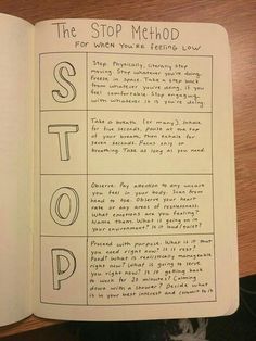 an open notebook with the words stop method on it