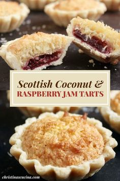 several small pies with cranberry filling on top and below the words scottish coconut & raspberry jam tarts