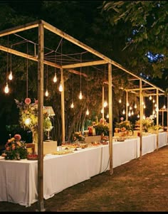 a long table with lights hanging from it's sides and flowers on the tables