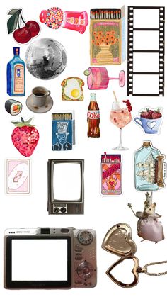 an assortment of objects are displayed on a white background with a camera and other items