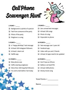 the cell phone scavenger hunt is shown in this printable form with stars