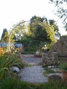 an outdoor garden with lots of plants and rocks on the ground in front of it