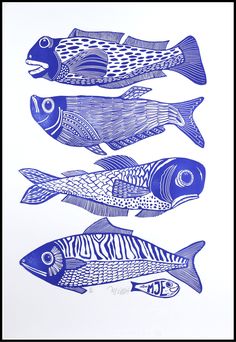 three fish are shown in blue ink on white paper