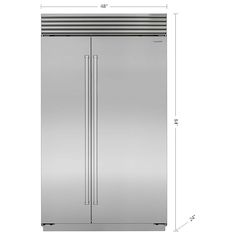 the side by side refrigerator is shown with measurements for its doors and bottom freezer