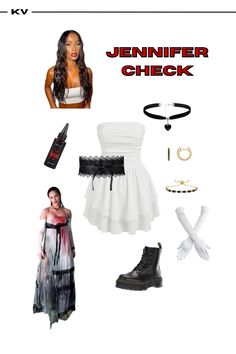 a woman in white dress and accessories with text overlaying the image that reads,'jennyiffer check '