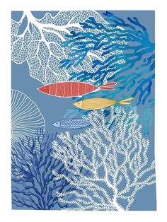 an underwater scene with fish and corals on blue watercolor paper by artist susan grisby