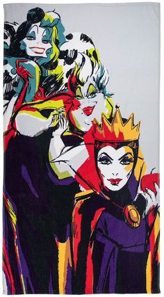 an abstract painting of three women dressed as evil queen and maleficent, one wearing a crown